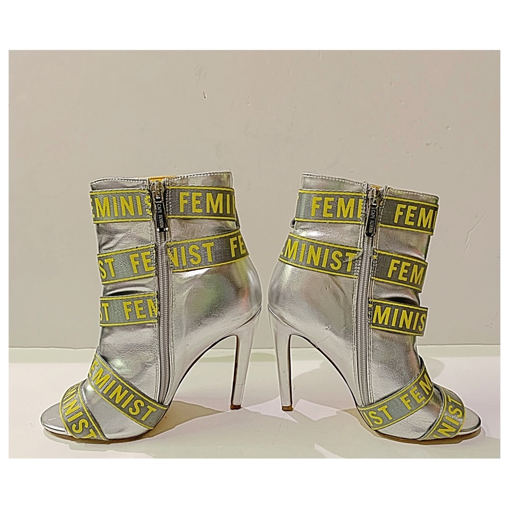 CAPE ROBBIN Booties Metallic Silver FEMINIST Text Ribbon Stiletto Booties Size 6